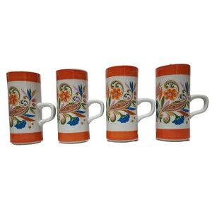 Vintage Royal Crown Arnart Smug Mug Psychedelic White Orange Floral Set of 4
